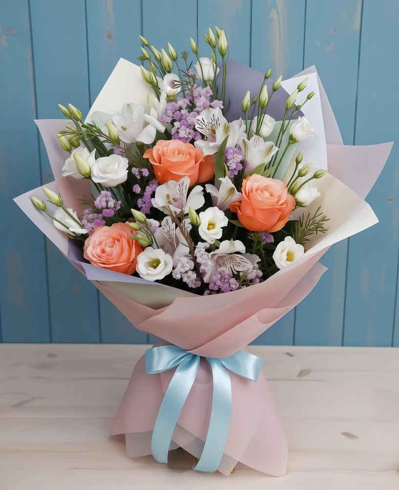 Букет цветов из: Лизиантусы, Розы, Альстромерии и Гипсофила в Заболотовке